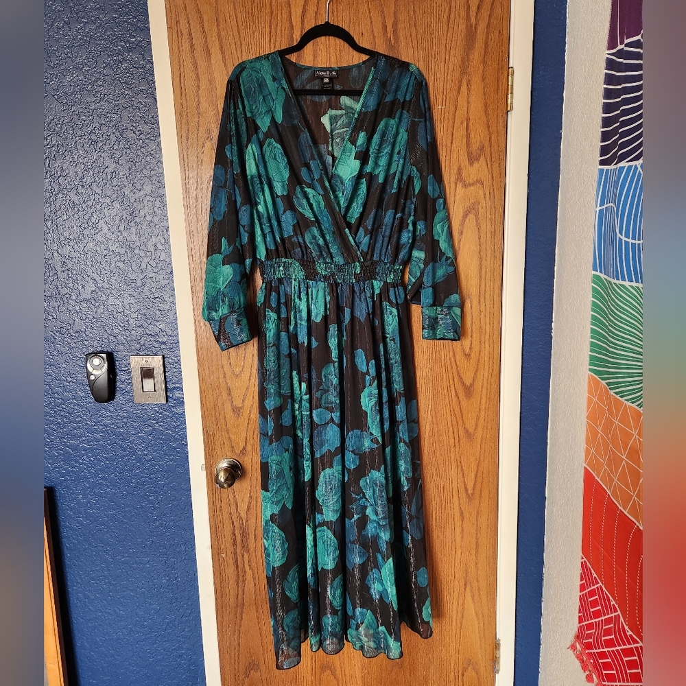 Black Full Length Dress with Green Roses